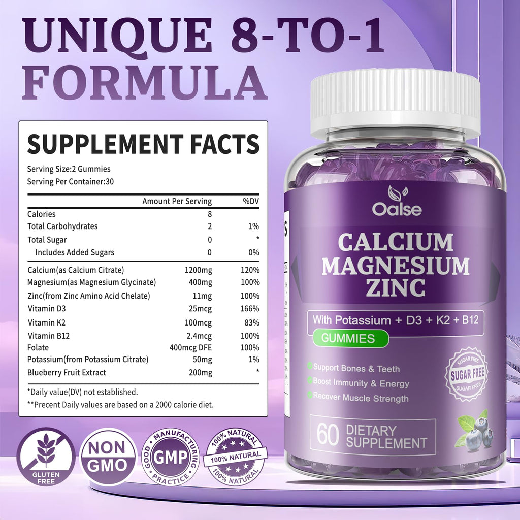 OALSE Calcium Magnesium Zinc Gummies with Vitamin D3 & K2-High Absorption Magnesium Glycinate-Muscles, Immune & Sleep Support-Sugar Free- Blueberry Flavored (1 Pack)