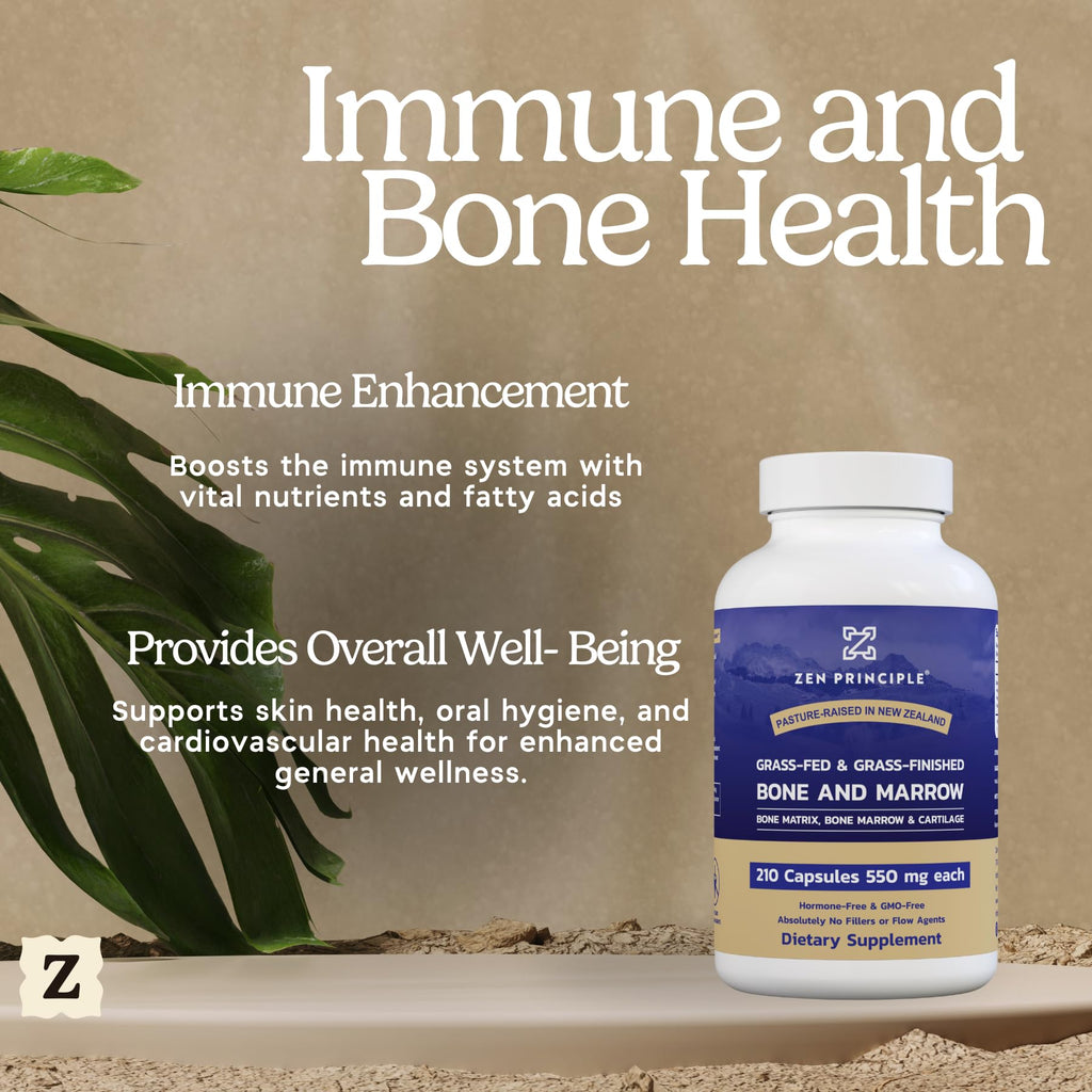 Zen Principle Grass Fed Beef Bone Marrow Supplement, 3300mg. Skin, Oral Health, and Joint Support. Promotes Whole-Body Wellness. Whole Bone Extract, 210 Capsules.