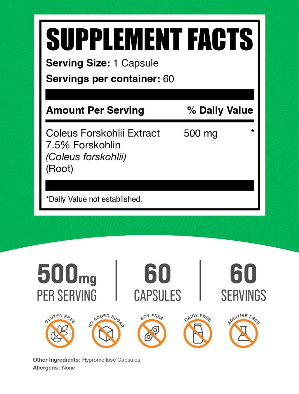 BulkSupplements.com Coleus Forskohlii Extract Capsules - Forskolin Supplement, Forskolin Capsules - Herbal Supplement, Gluten Free, 1 Capsule per Serving, 60 Capsules (Pack of 1)