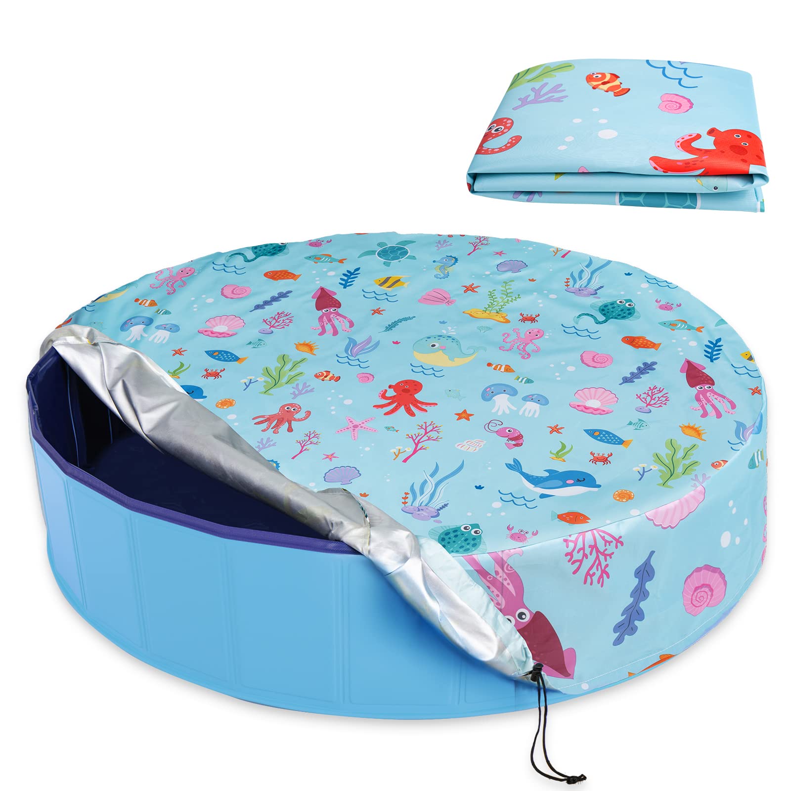 Docuwee Round Pool Cover 63"(5 Ft), Foldable Kiddie Solar Cover Fit Dog Swimming Pool, Pets Kids Bath Tub, Anti-UV Dustproof Safety Pool Cover with Cute Ocean Animals Pattern