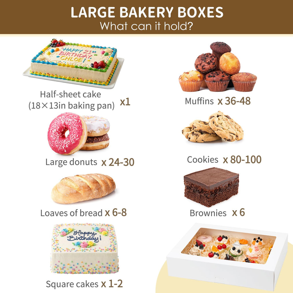 Moretoes 10pcs 19x14x4in Half Sheet Cake Boxes with Window, White Cookie Boxes, for Pastry Baking Cake Donuts Cupcake Pie Packaging For Graduation