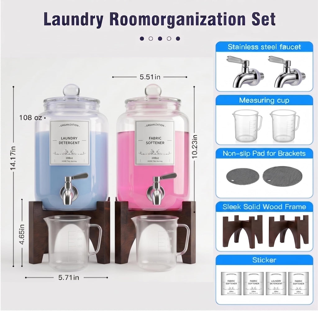 Glass Laundry Detergent Dispenser, 108oz (2 Pack) with Stainless Steel Faucet & Solid Wood Stand - Liquid Soap & Fabric Softener Container for Laundry Room Organization & Storage