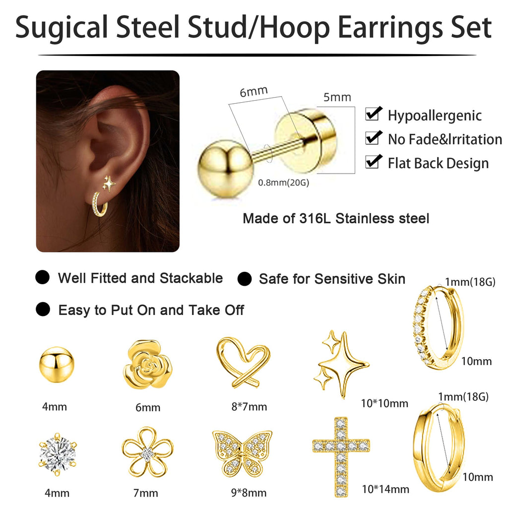 LOFITOR Hypoallergenic Surgical Steel Flat Back Earrings For Women Girls