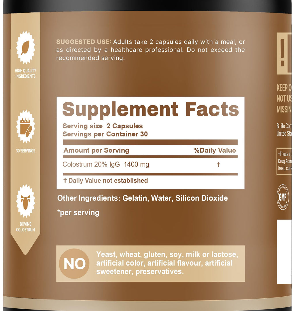 B Life Company BLife Bovine Colostrum Supplement 1400mg – Immune & Gut Health Support – Colostrum Capsules for Digestive Health – Immune Support Supplement – 60 Capsules (30 Servings) 3 Pack