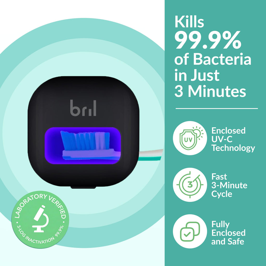 Bril UV-C Toothbrush Sanitizer and Holder – Wall Mounted, Rechargeable, 30-Day Battery, Magnetic Mount, Fits Electric and Manual Brushes, Portable Travel Case, Auto-Shutoff – Black