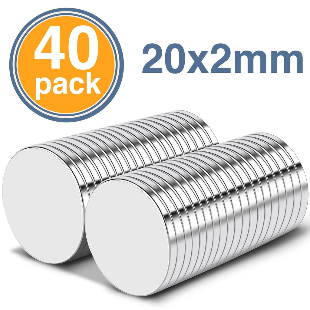 TRYMAG 20x2mm Super Strong Neodymium Disc Rare Earth Magnets, 40Pcs Small Round Refrigerator Magnets for Crafts, Office, Whiteboard, Dry Erase Board, Cabinets