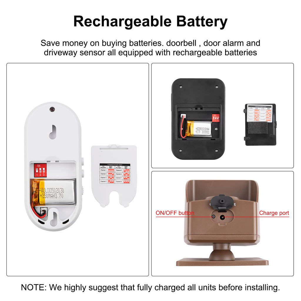 Wireless Alarm System for Home Security Expandable - 6-Piece Kit Include Doorbell, Door Alarm, and Solar Driveway Alarm - Chime/Sensitivity Adjustable NO Wi-Fi NO Monthly Fee With Rechargeable Battery