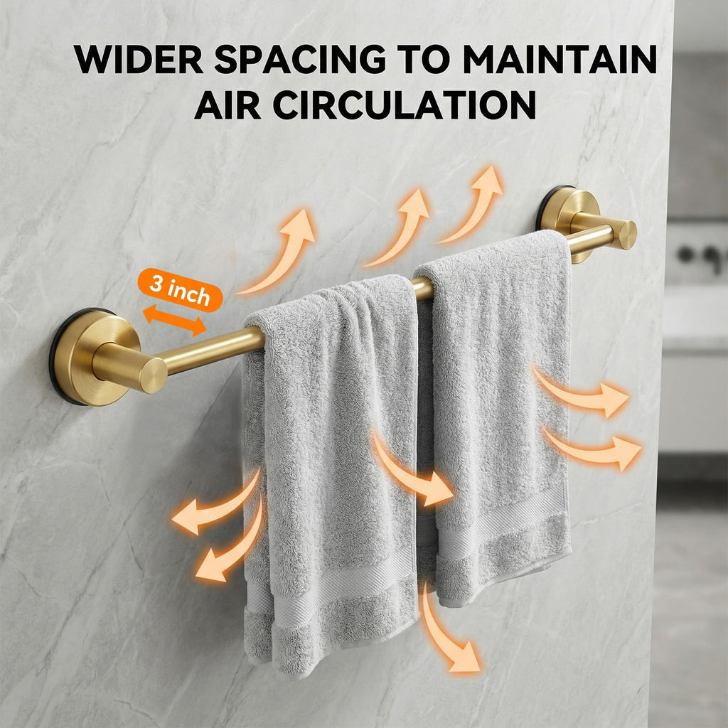 Dovyn Stainless Steel Suction Cup Towel Bar, Adjustable Towel Racks for Bathroom (14.6-24 Inch) - Bathroom Towel Holder Wall Mounted for Glass Shower Door & Wall (Brushed Gold)