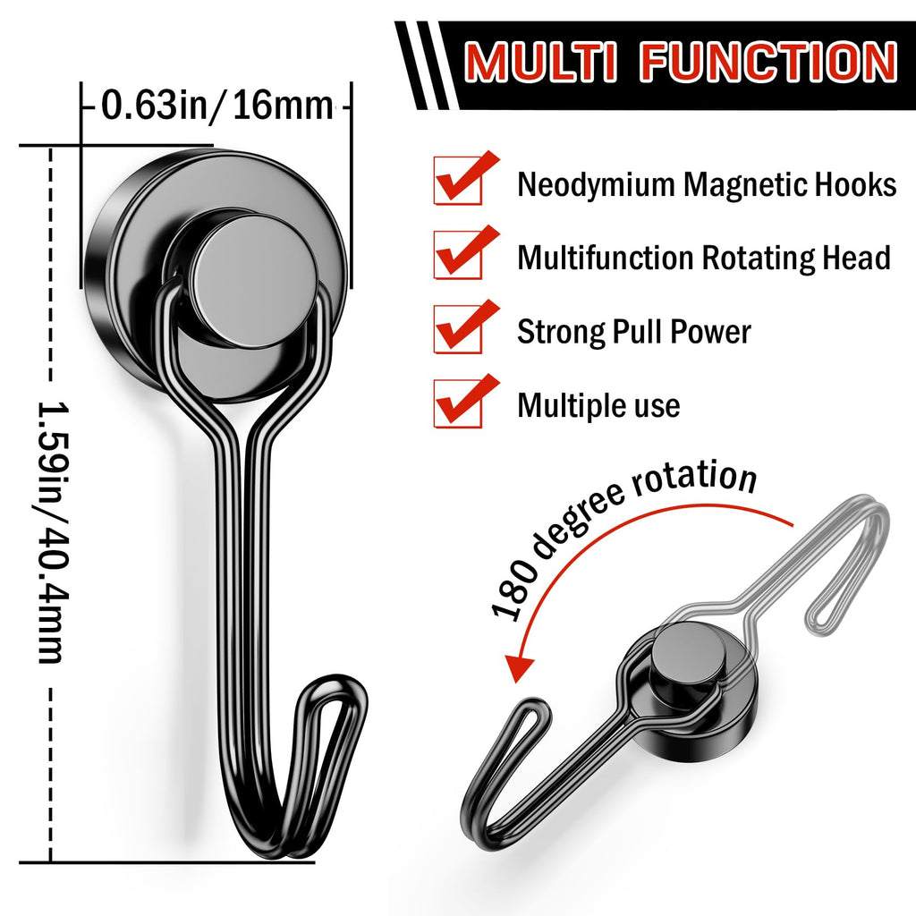 FINDMAG Magnetic Hooks for Cruise Cabins, 6 Pack, 30 LB+, Black