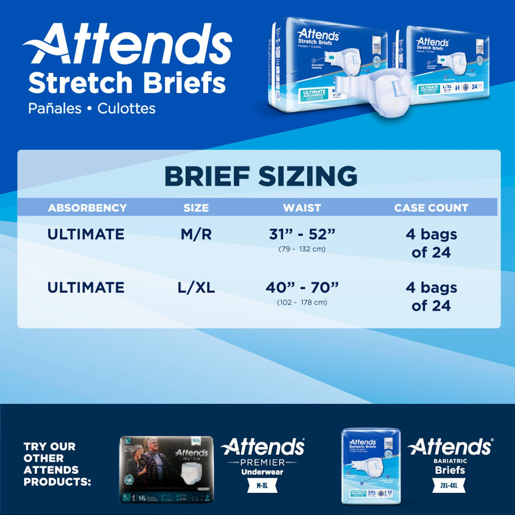 Attends Stretch Adult Disposable Briefs, Large/X-Large, 40"-70" Waist with Tab Closure, Ultimate Absorbency with Dry-Lock Containment Core, 96ct Case