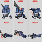ZENY Foldable Pet Stroller, Cat/Dog Stroller with 4 Wheel, Pet Travel Carrier Strolling Cart with Storage Basket, Cup Holder (Navy Blue)