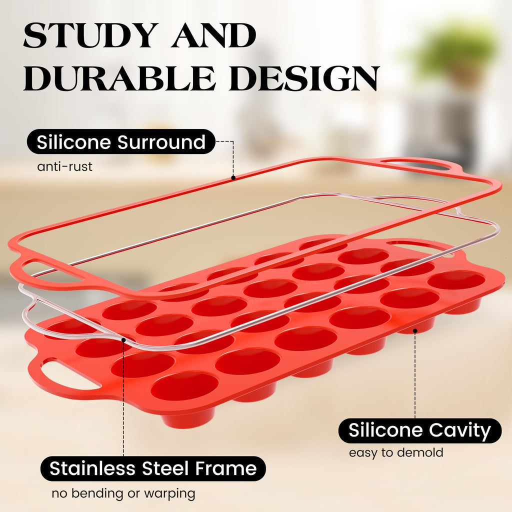 AOTASO Regular 12 Cup and Mini 24 Cup Nonstick Cupcake Pan Set Silicone Muffin Pan for Baking Silicone Cupcake Mold with Metal Reinforced Frame BPA Free (2 Pcs, Red)
