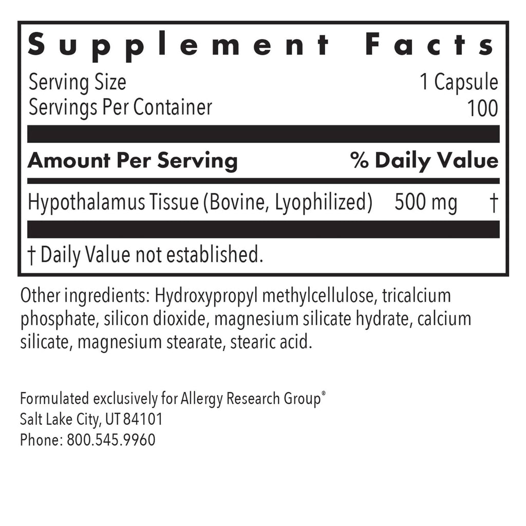 Allergy Research Group ARG Hypothalamus - Bovine Glandular Supplement - 500 mg Lyophilized Hypothalamus Tissue - Adrenal Balance & Endocrine Support - 100 Servings - 100 Vegicaps