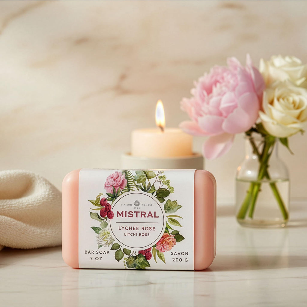 Mistral Classic French Bar Soap, Lychee Rose, 7 oz - Triple-Milled Luxury Natural Soap with Organic Shea Butter & Olive Oil | Long-Lasting Moisturizing Body Soaps for Women & Men (Pack of 2)