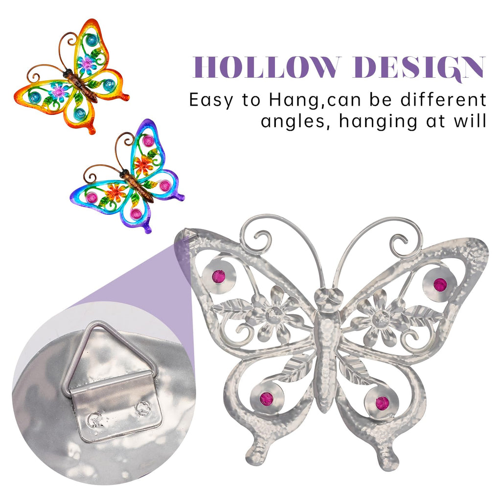 YIWEMON 2 Pack Metal/Glass Butterfly Wall Decor, 14.2" Outdoor Fence Wall Art Decor, Wall Sculpture Hanging Decoration Perfect for Garden Yard Living Room Bedroom Patio Balcony