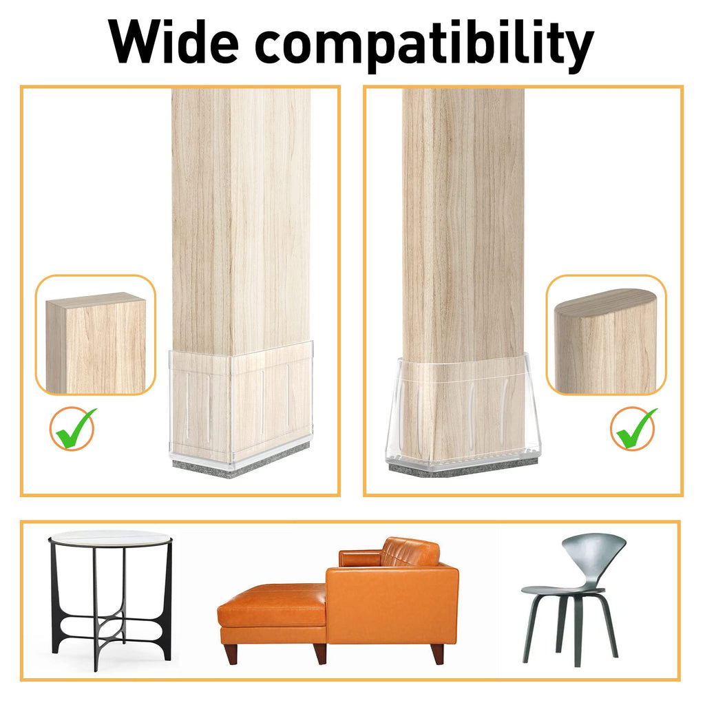 1" x 1.5" Rectangle Chair Leg Protectors for Hardwood Floors Silicone Covers to Protect Wood Tile Floors Felt Pads Furniture Leg Caps Reduce Noise.Easy to Move.16 PCS Clear.
