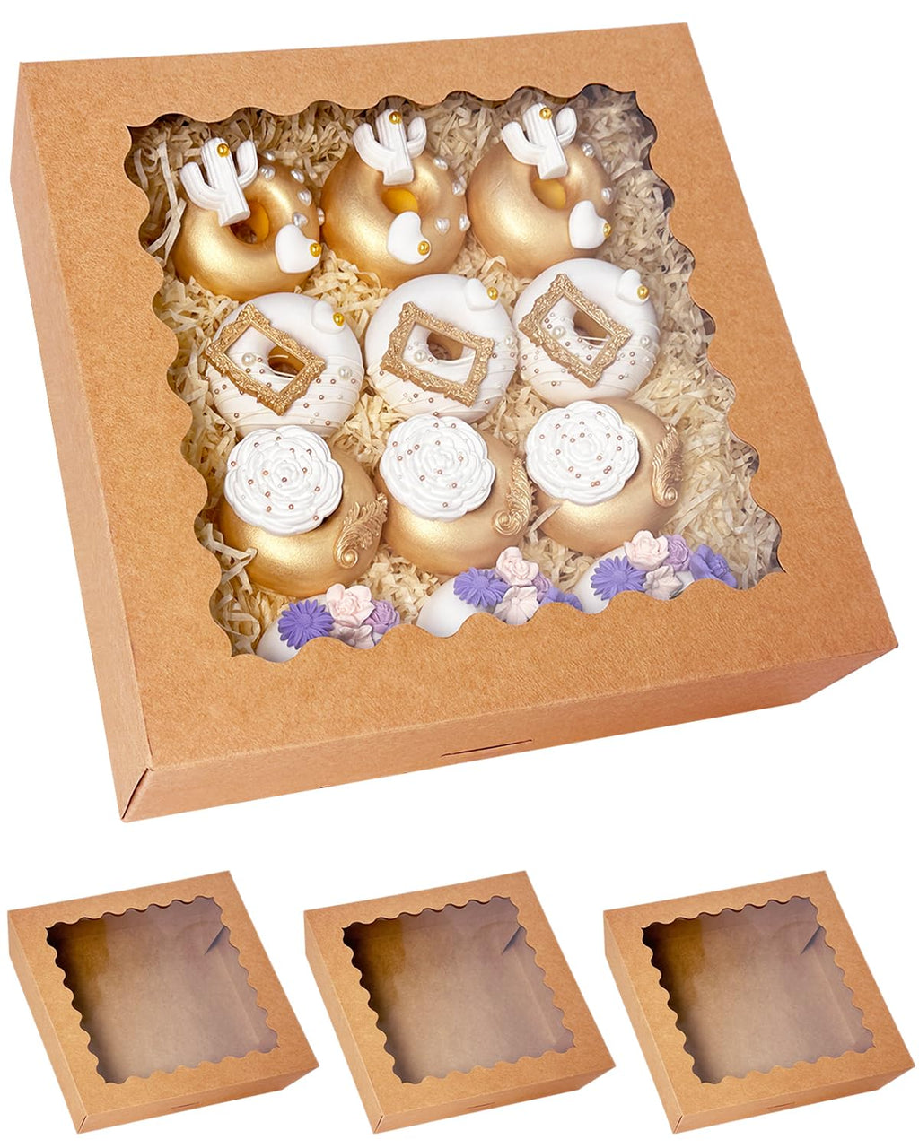 Bakepacker 20pcs Brown Pie Boxes 12x12x3 inches Easy Assemble Macaroon Cookie Boxes Bakery Boxes with Window for Bakery (Auto-pop Up)