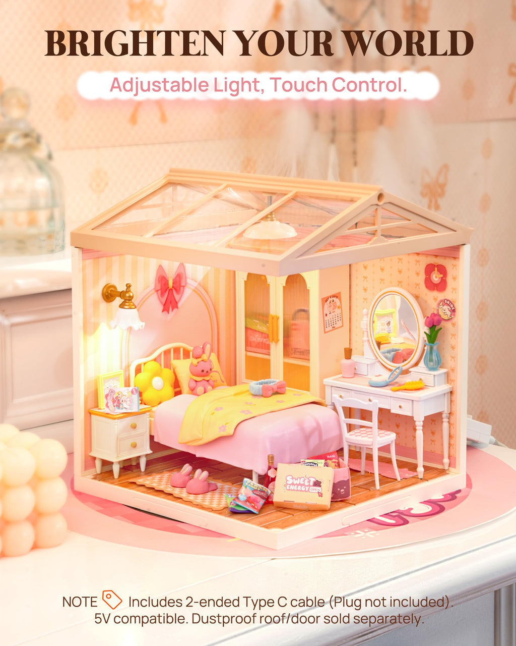 Rolife Super Creator Series, DIY Mini Lovely Pink Bedroom Dollhouse House Kit, Bulid Scenary for Action Collectible Figures, Creative Gifts for Women Kids Adults