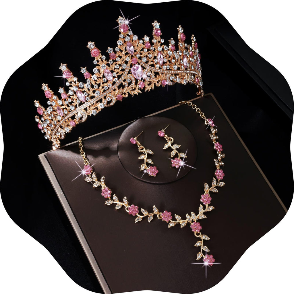 Kamirola Tiaras and Crowns for Women,Tiaras Earrings Necklace, Crystal Bridal Jewelry Set (Gold Pink)