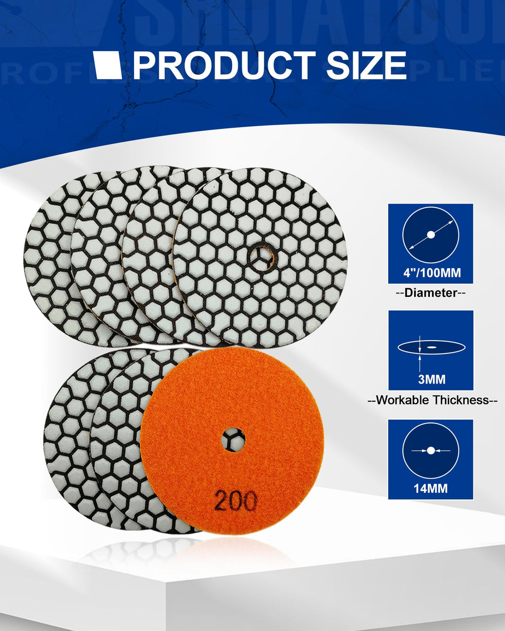 SHDIATOOL 7Pcs 4-Inch Dry Diamond Polishing Pads Grit 200 for Granite Marble Stone Sanding Pads Grinding Pads Abrasive Set