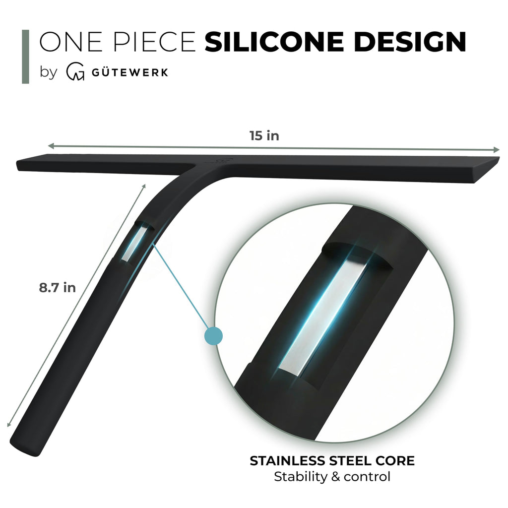 GÜTEWERK Silicone Shower Squeegee for Glass Doors & Mirrors with Stainless Steel Core, Streak-Free & No-Squeak Window Cleaning, 3-in-1 No-Drill Mount (Hook/Suction/Adhesive),Black, 15 Inches