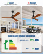 Forrovenco Ceiling Fans With Remote Control, Outdoor Ceiling Fan for Patios Indoor, 3 Downrods, 3 Blades, Timer, 6 Speed Reversible Quiet DC Motor Modern Fan Solid Wood Fan, 52in, Brown