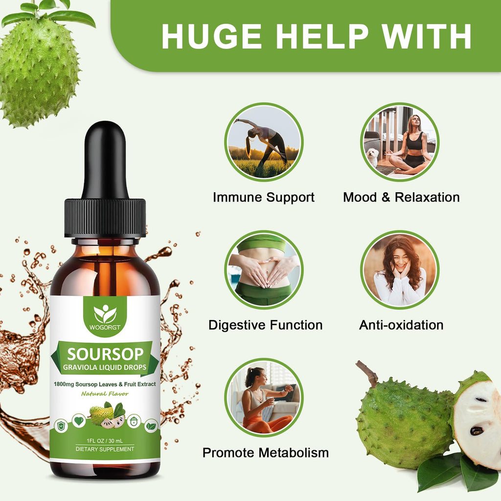 (4 Pack) Soursop Graviola Bitters Liquid Drops - Cell Support & Regeneration, Immune Support, Antioxidant, 1800mg Soursop Extract, High Absorption Sour sop Liquid Drops, Natural Flavor, 1 Fl Oz