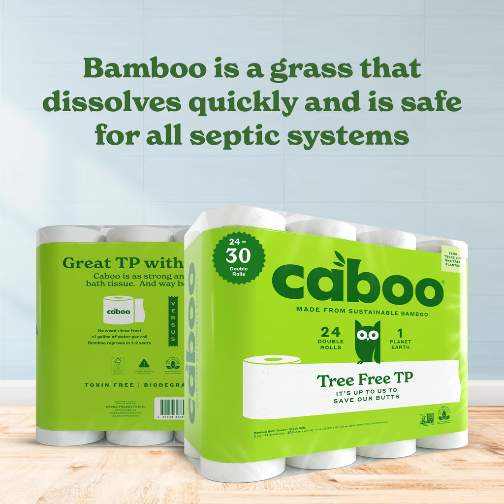 Caboo Tree Free Toilet Paper | Septic Safe, Eco Friendly, Chemical Free, Non Toxic | 2 Ply Toilet Tissue, Pack of 24 Double Rolls, 300 Sheets Per Roll