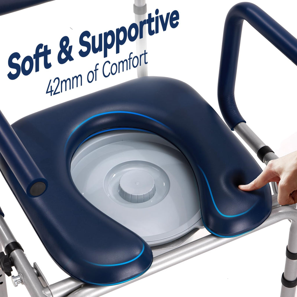 HolyHeal Drop Arm Bedside Commode, Commode Toilet with Padded Seat and Backrest, 300lbs Capacity, 6.3QT Removable Bucket and Splash Guard, Adjustable Height Portable Toilet for Adults, Blue