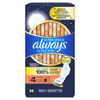 Always Ultra Thin Overnight Pads with Wings, Size 4, Overnight, 78 Count (3 Packs of 26)