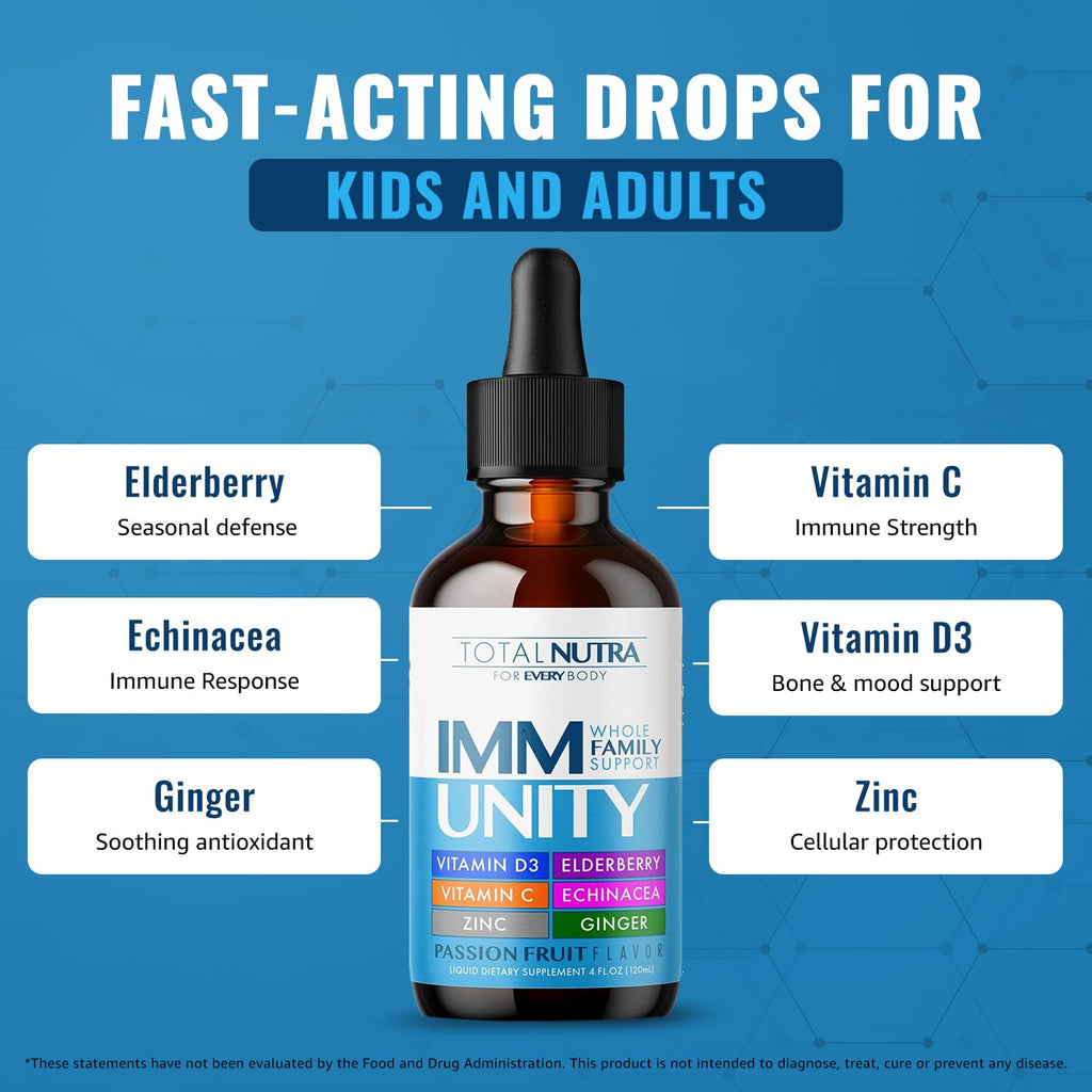 Total Immune 6-in-1 Liquid Multivitamin Supplement | 100% Daily Zinc, Vitamin D3, Vitamin C Immunity Drops Vitamin Liquid | Elderberry, Echinacea, Ginger Support for Adults & Kids | 4 oz Passion Fruit