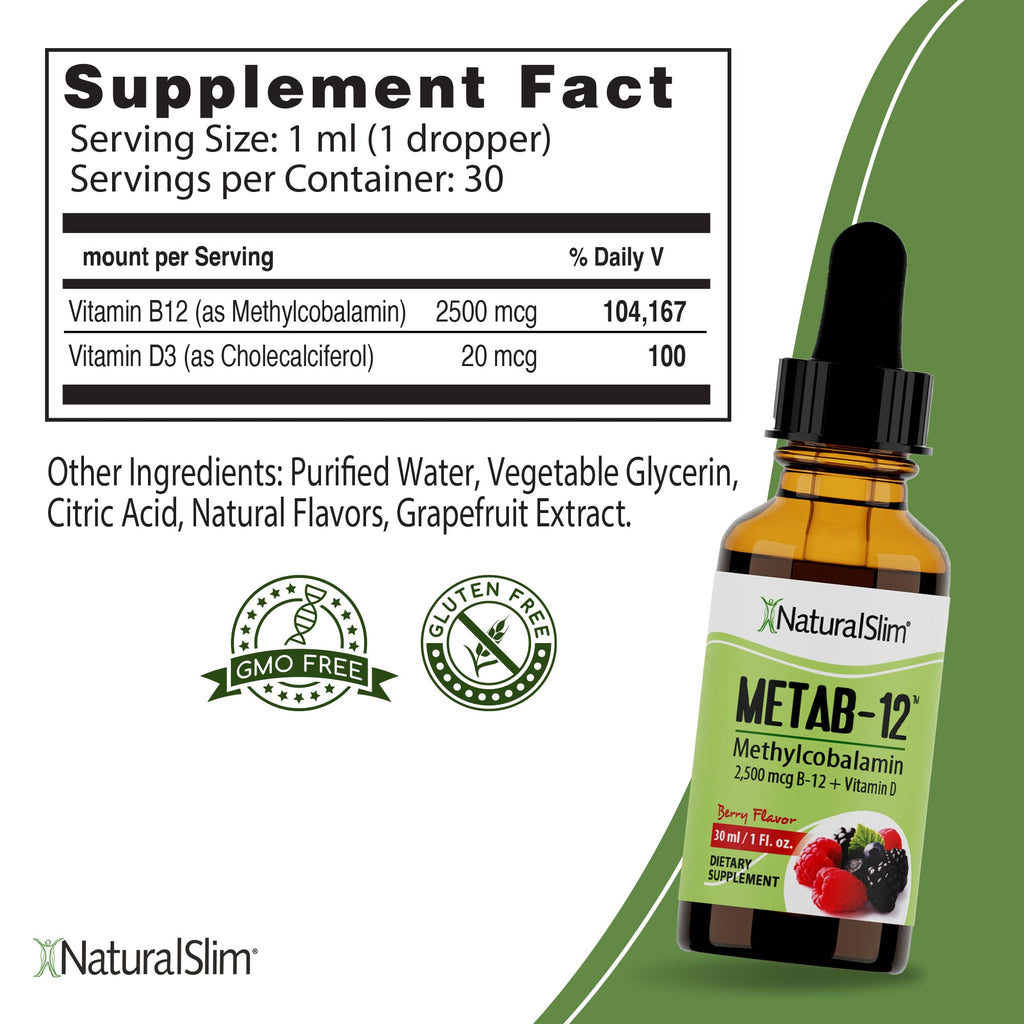 NaturalSlim Liquid B12 Vitamins with Vitamin D - Metab-12 Methylcobalamin 2500 mcg B12 Sublingual Drops for Metabolism, Energy, & Immune Support - Berry Flavor 1 fl oz