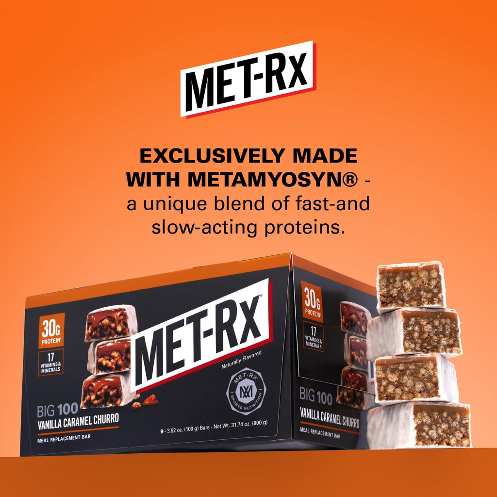MET-Rx Big 100 Colossal Protein Bars,Vanilla Caramel Churro Meal Replacement Bars,Brown,9 Count (Pack of 4)