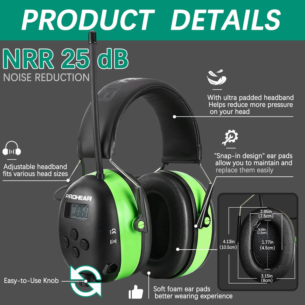 PROHEAR 033 Upgraded 5.4 Bluetooth Hearing Protection AM FM Radio Headphones, Noise Reduction Safety Earmuffs with Rechargeable 1500mAH Battery, 31dB SNR Ear Protector for Mowing Lawn,Gifts for Father