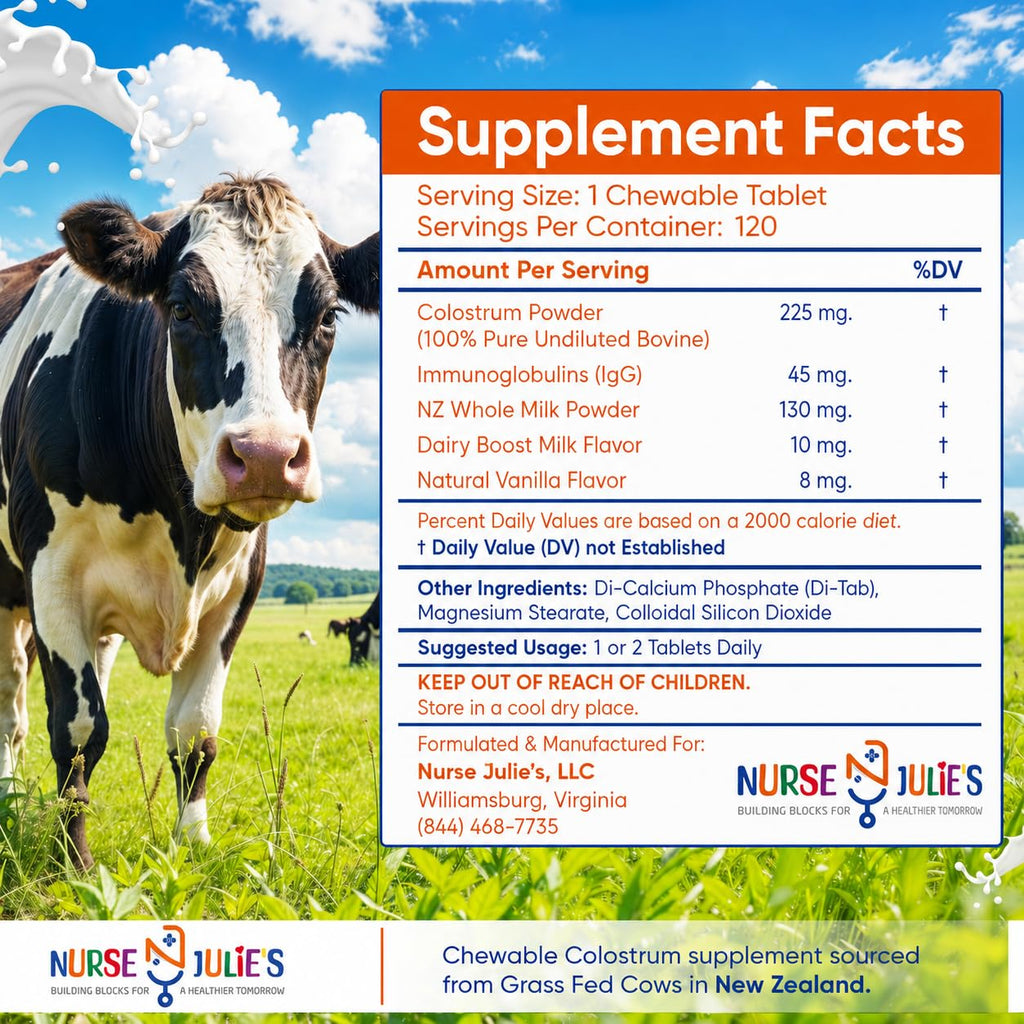 Nurse Julie's Chewable Colostrum for Kids, 120 Count - Easy-to-Chew Children's Tablet for Daily Immune & Gut Support, Grassfed New Zealand Colostrum Pills for Children, No Additives, 2 Month Supply