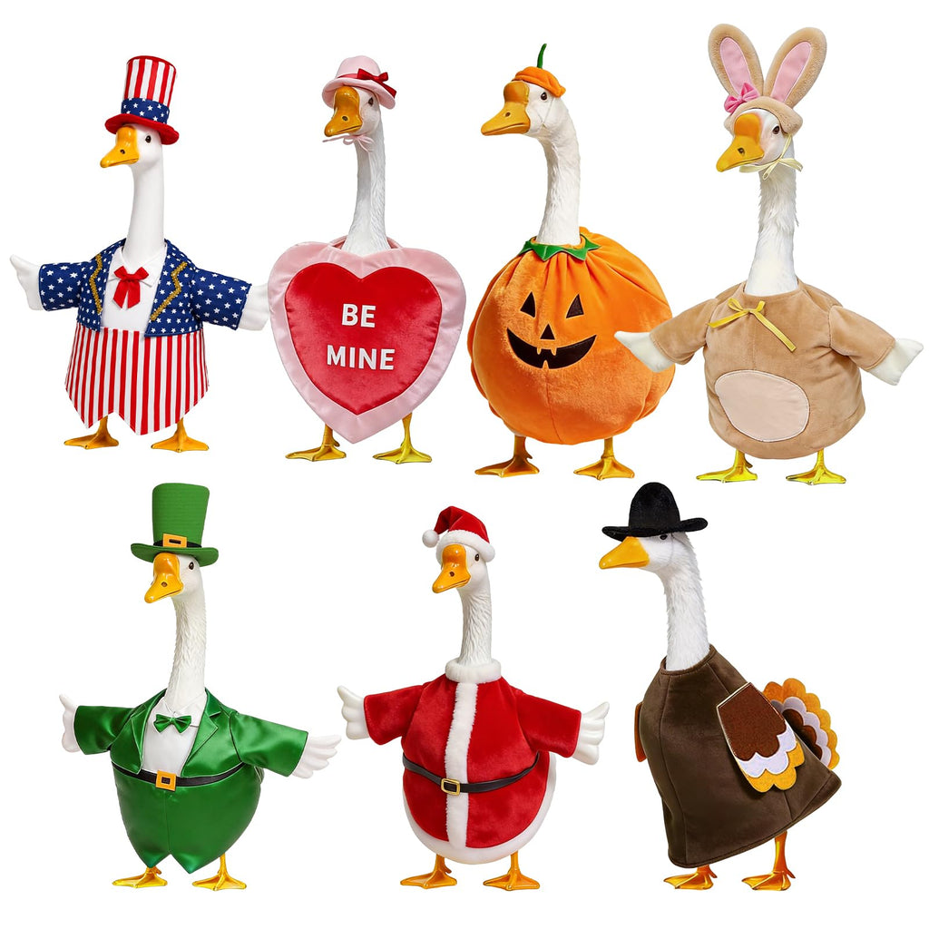 Nesfanchu 7 Set Holiday Porch Goose Outfits for 23" Lawn Goose Statue,All Seasons Goose Clothes Bundle with Valentine St Patrick Easter 4th of July Halloween Thanksgiving Christmas Costumes