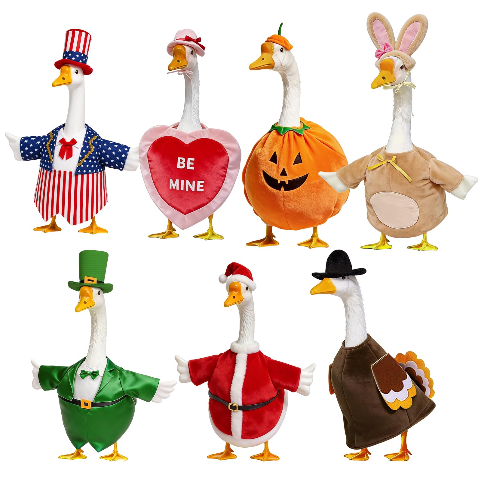Nesfanchu 7 Set Holiday Porch Goose Outfits for 23" Lawn Goose Statue,All Seasons Goose Clothes Bundle with Valentine St Patrick Easter 4th of July Halloween Thanksgiving Christmas Costumes