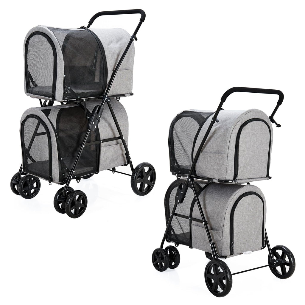 LPOTIUS Double Pet Stroller for Dogs and Cats with 2 Detachable Carrier, Quick-Folding Dog Stroller for Medium Small Dogs Cats, 4 Wheels, Light Gray
