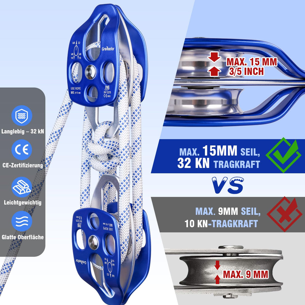 Double Block and Tackle Pulley System with 250Ft x 2/5'' Rope Pulley 6700 LB(30KN) Breaking Strength, 4:1 Lifting Power Sheave Pulley Hoist System for Garage, Attic Heavy Lifting