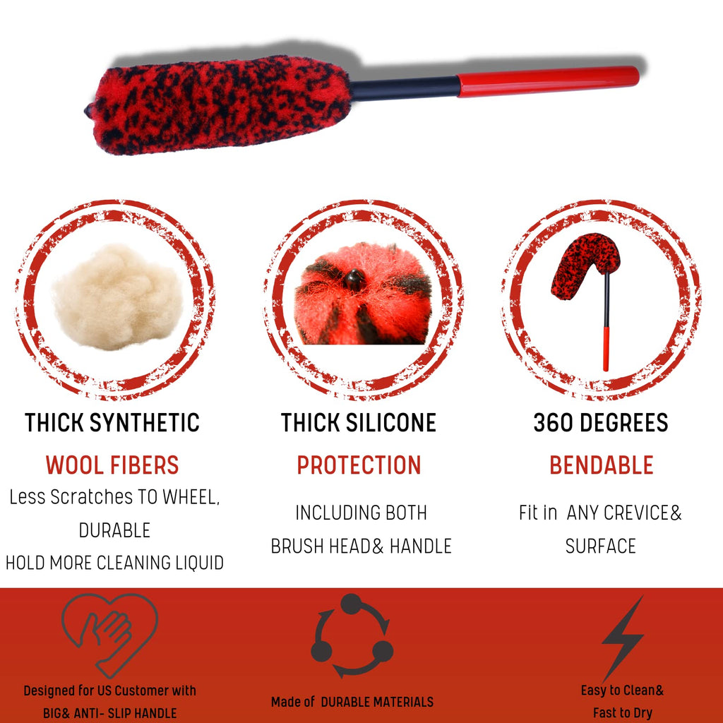 oesee Professional 4 Pack Long Handle Wheel Brush Kit for Cleaning Wheel and Tire- 2X Soft Wheel Cleaning Brush, Detailing Brush and Stiff Tire Brush, Bendable& Durable Wheel Rim Cleaner Brush Set