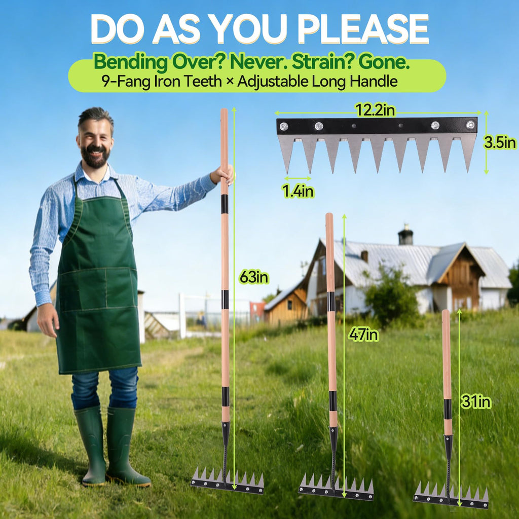 Gardenia 9-Tine Iron Weeding Rake, Heavy Duty Weed Puller for Garden Soil