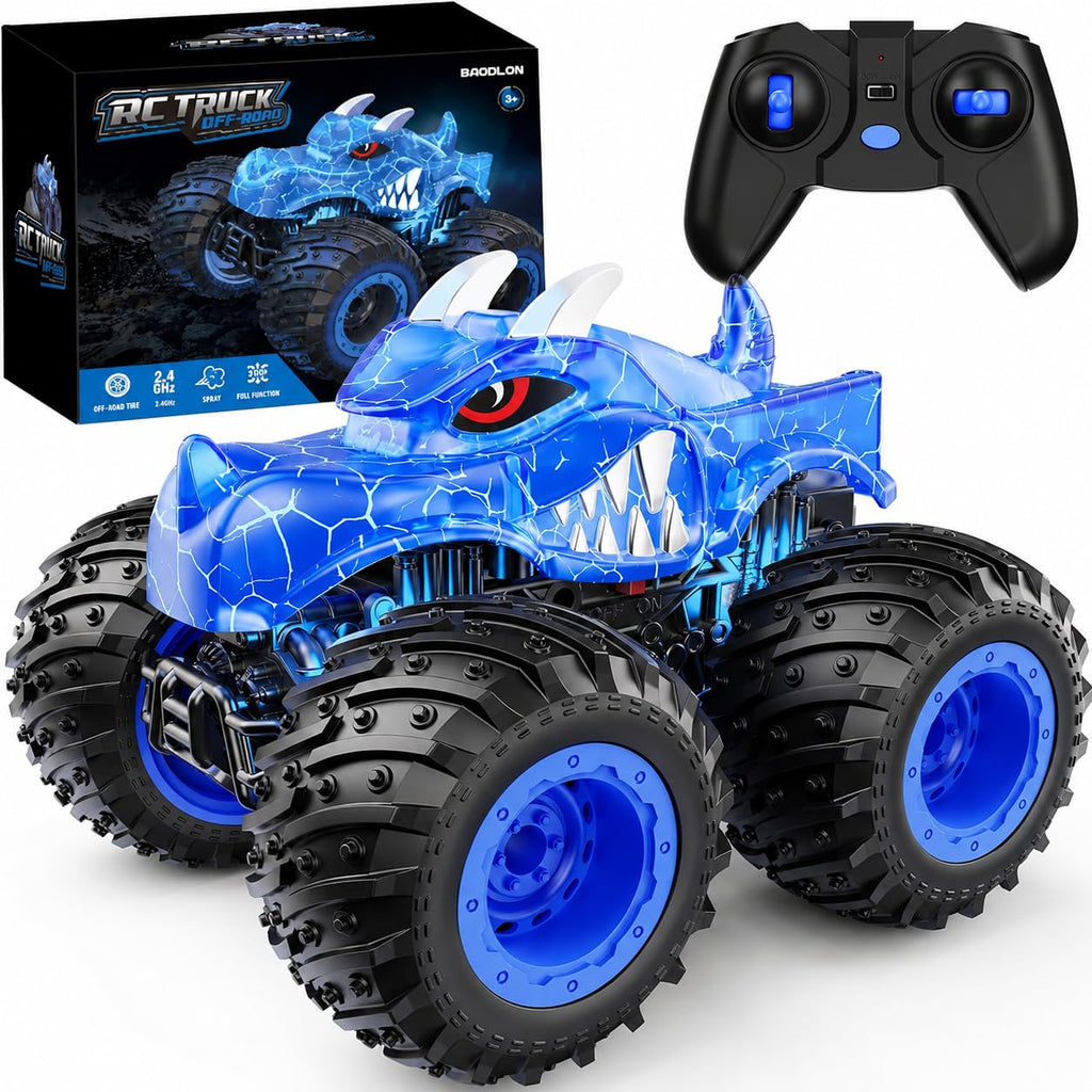 BAODLON Remote Control Monster Car, 2.4GHz RC Monster Trucks Toys for 3 4 5 6 7 8 Years Old Boys Kids, All Terrain RC Truck Off Road with Spray, Light, Rechargeable Battery, Christmas Birthday Gifts
