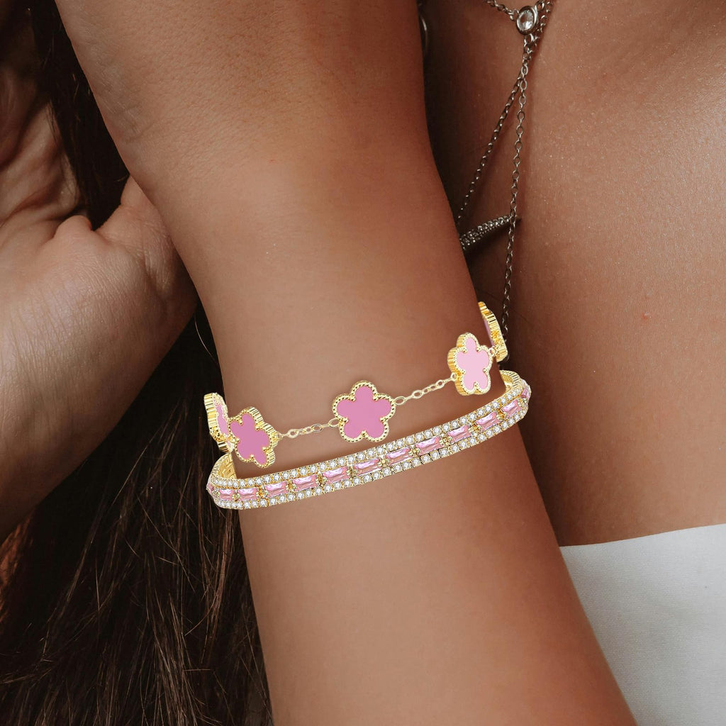 2Pcs Stackable Bracelet Set for Women Pink CZ Tennis and Clover Bracelet