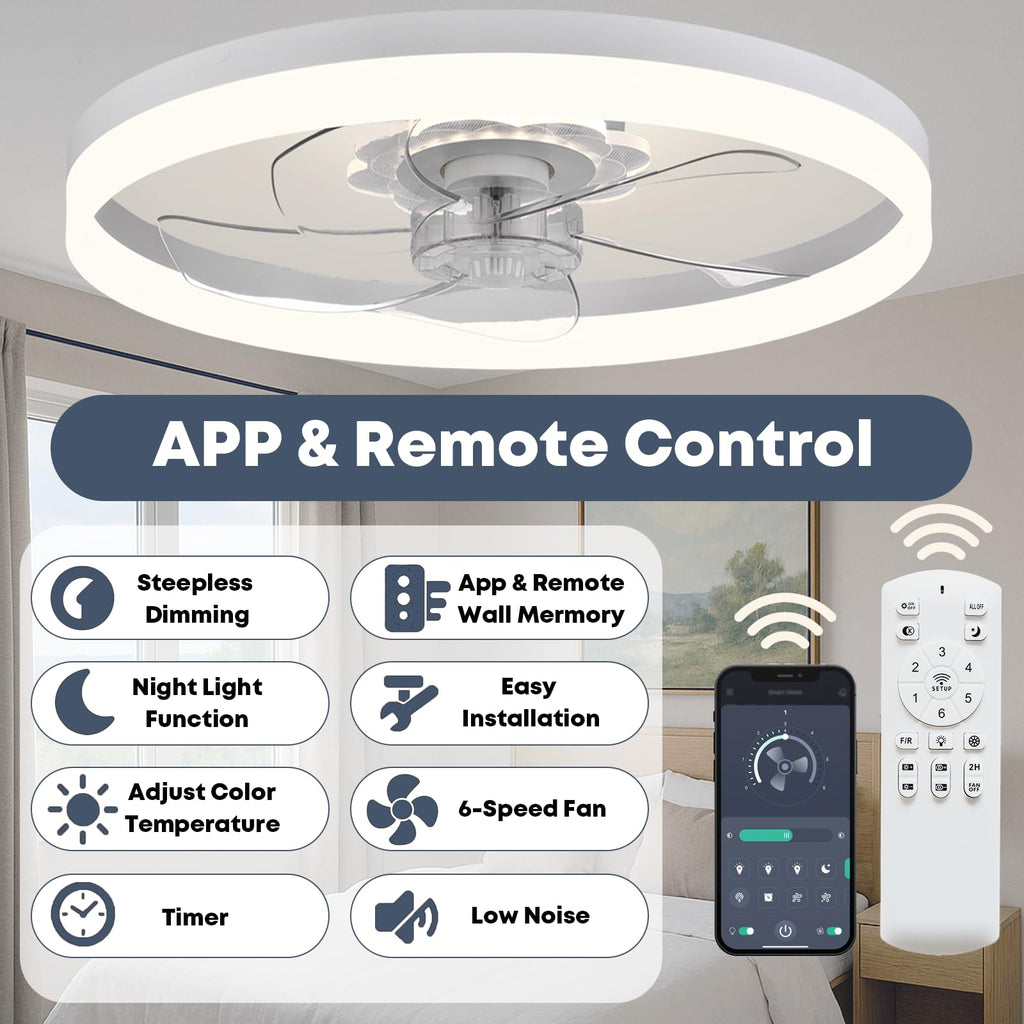 FSZDORJ 24'' Ceiling Fan with Light, Upgraded Low Profile Ceiling Fan with Light, Dimmable Flush Mount Ceiling Fan with Light, Fan light, 6 Speeds, App & Remote Control, Quiet Fan for Bedroom, Kitchen