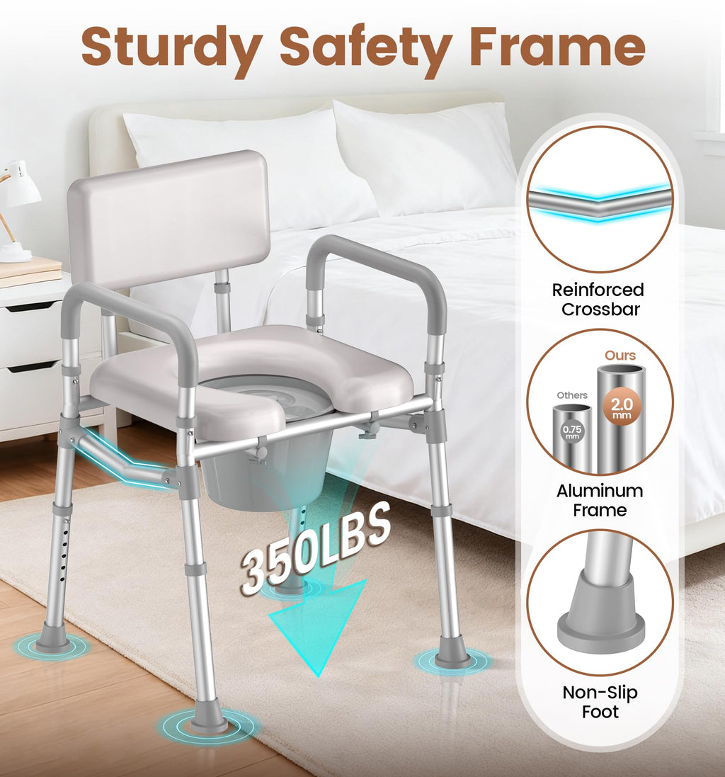 SOUNDFUSE Bedside Commode Chair with Padded Seat and Backrest, Aluminum Dual-Crossbar, Height Adjustable, Portable Toilet for Seniors and Adults, Potty Bucket and Splash Guard, 350 lbs Weight Capacity