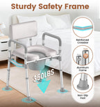 SOUNDFUSE Bedside Commode Chair with Padded Seat and Backrest, Aluminum Dual-Crossbar, Height Adjustable, Portable Toilet for Seniors and Adults, Potty Bucket and Splash Guard, 350 lbs Weight Capacity