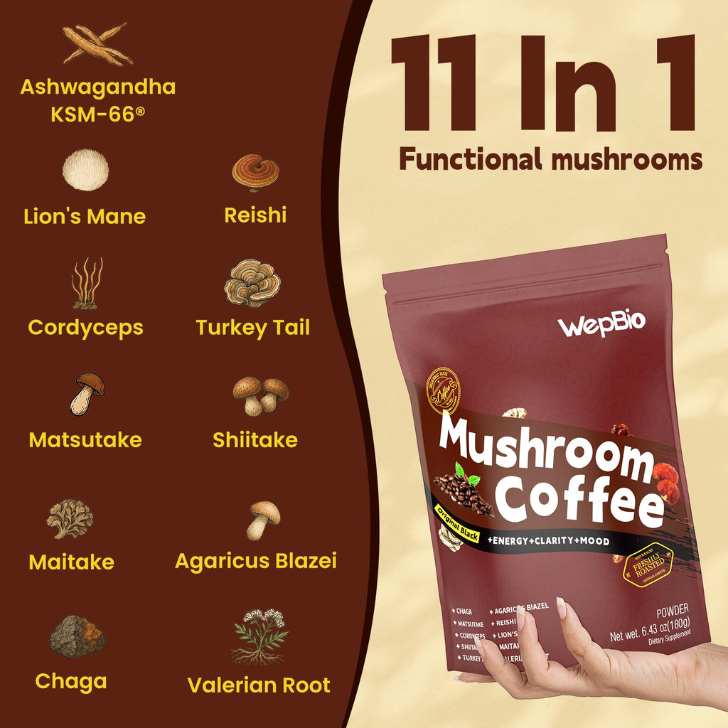 WepBio Mushroom Coffee Original Black 11 in 1 Adaptogenic Mushrooms Blend with Ashwagandha KSM-66,Lions Mane,Reishi,Turkey Tail Instant Mushroom Coffee for Boost Energy, Focus 30 Servings