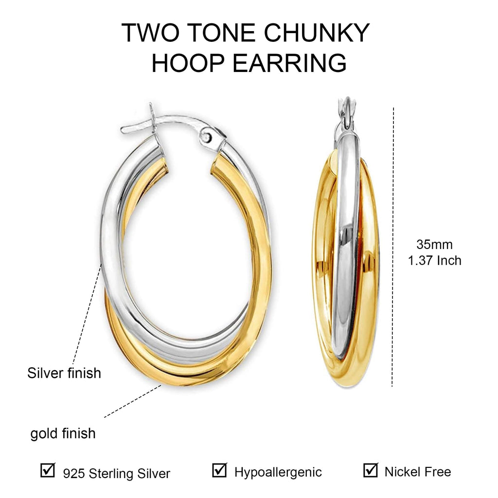 LeCalla 925 Sterling Silver Hoop Earrings 14K Gold-Plated Jewelry Two-Tone Intertwining Large Oval Shape Chunky Hoops Earring for Women - 35mm