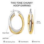 LeCalla 925 Sterling Silver Hoop Earrings 14K Gold-Plated Jewelry Two-Tone Intertwining Large Oval Shape Chunky Hoops Earring for Women - 35mm