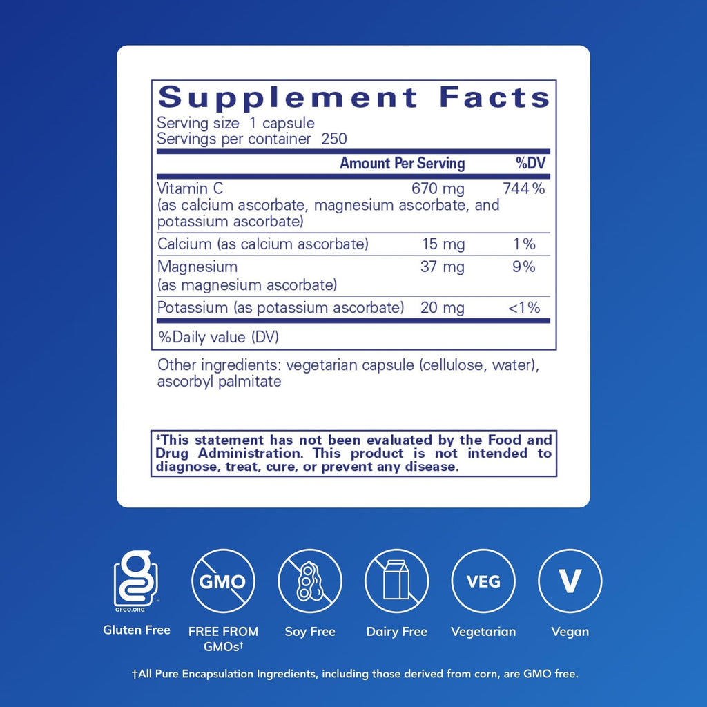 Pure Encapsulations Buffered Ascorbic Acid Capsules | Vitamin C for Sensitive Individuals* | 250 Capsules